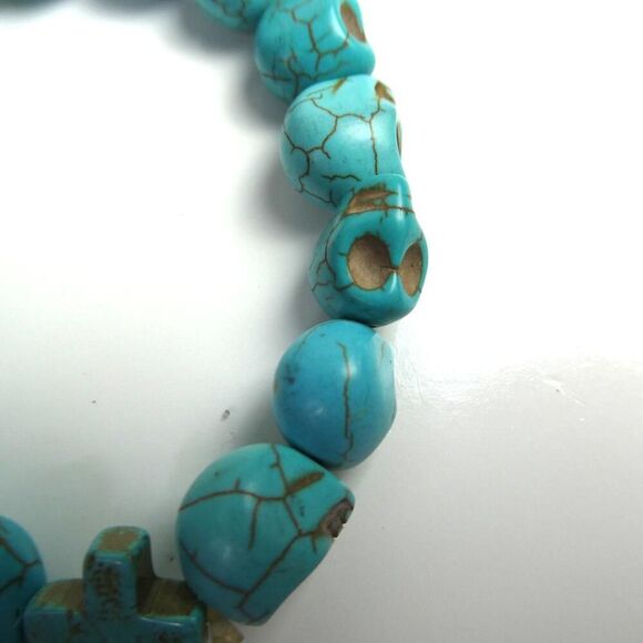 Skull Holy Cross Faith Death Life Faux Turquoise Round Karma Beaded Bracelet - Picture 5 of 5